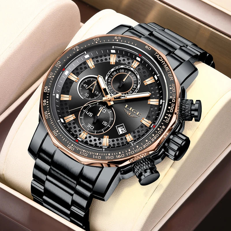 LIGE Big Dial Mens Watches Business Quartz WristWatch Chronograph Luminous Auto Date Watch for Men Man Relogio Masculino+Box
