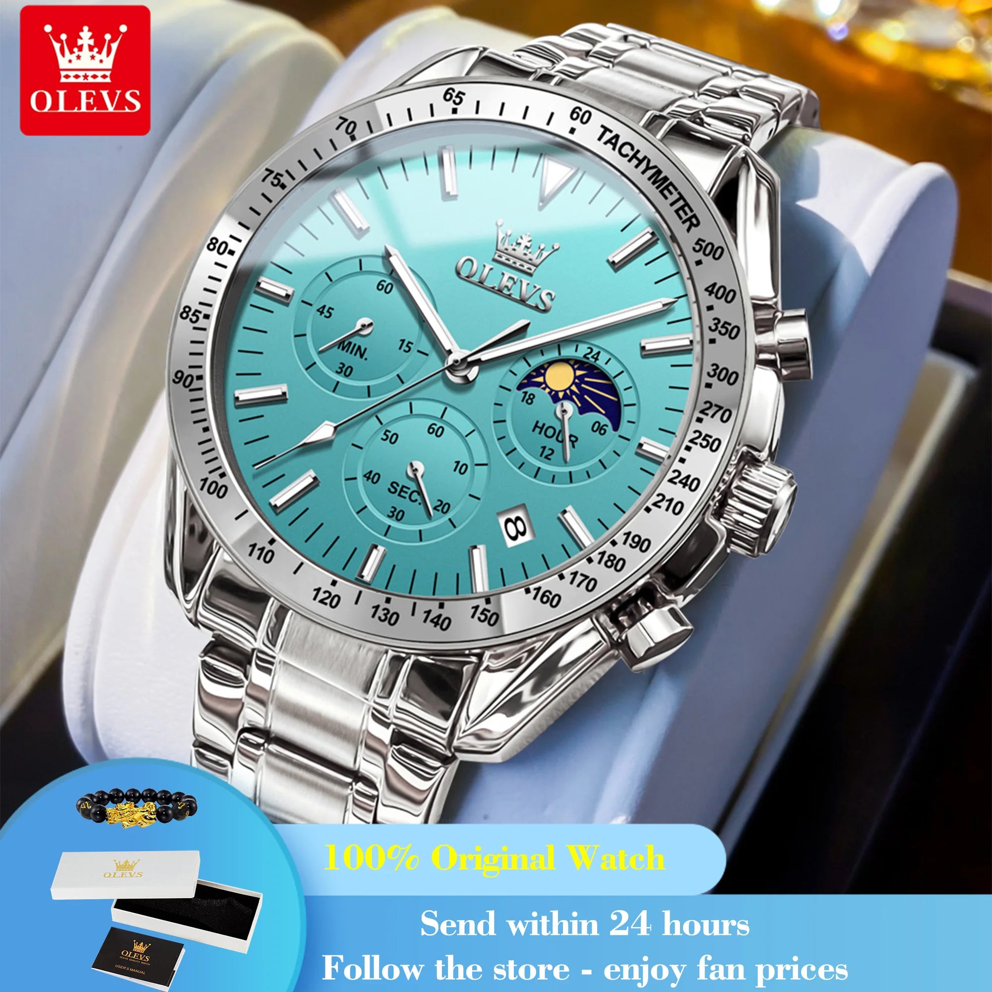 OLEVS 3618 Men's Watch Moon Phase Chronograph Quartz Watch For Men Luxury Waterproof Date Business Man Wristwatch Steel Strap