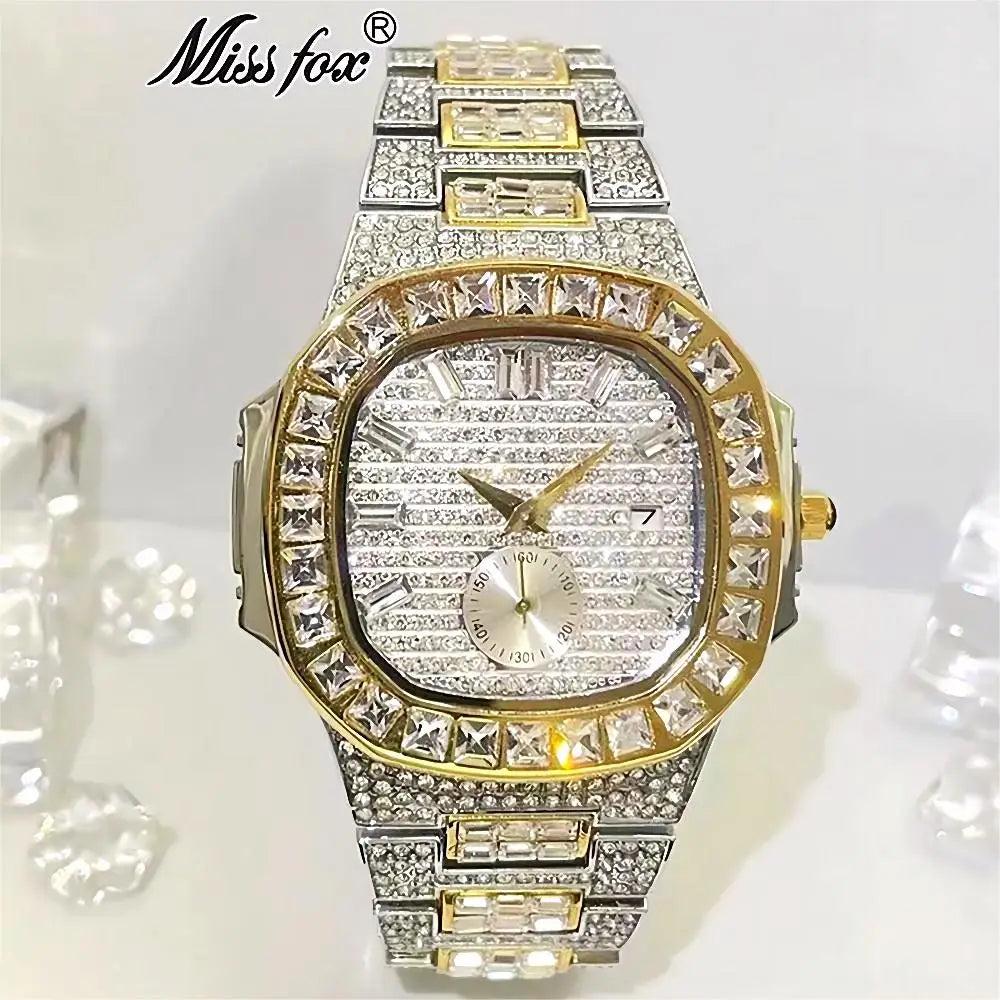 Luxury Brand MISSFOX Men's Quartz Wrist Watch Big Ice Diamond Crystal Rhinestone Analog Fashion Wristwatches Men Original Gifts
