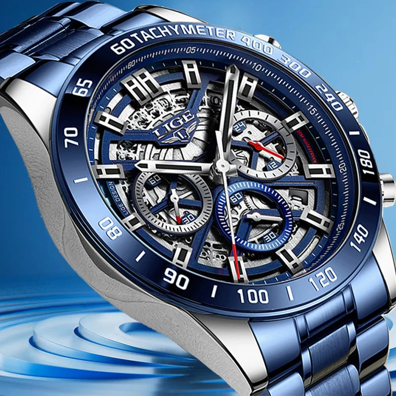 LIGE New Luxury Hollow Watch Men Fashion Business Stainless Steel Waterproof Men's Quartz Wristwatch Outdoor Sport Chronograph