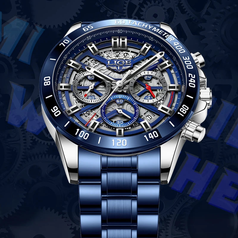 LIGE New Luxury Hollow Watch Men Fashion Business Stainless Steel Waterproof Men's Quartz Wristwatch Outdoor Sport Chronograph