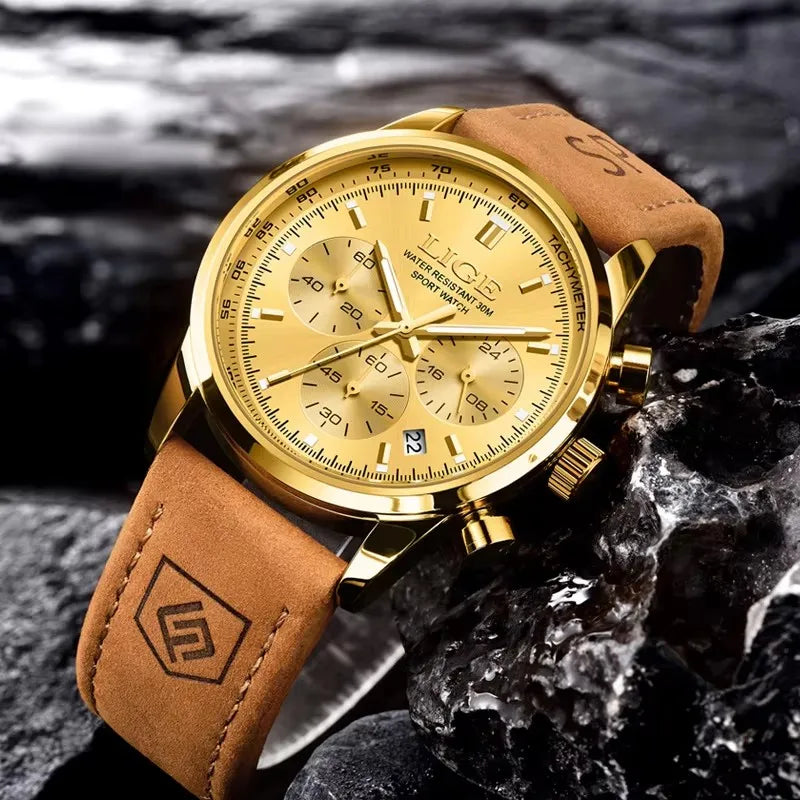 LIGE Fashion Business Mens Watches Genuine Leather Quartz Wristwatch Waterproof Chronograph Luminous Watch Man Male Clock+Box
