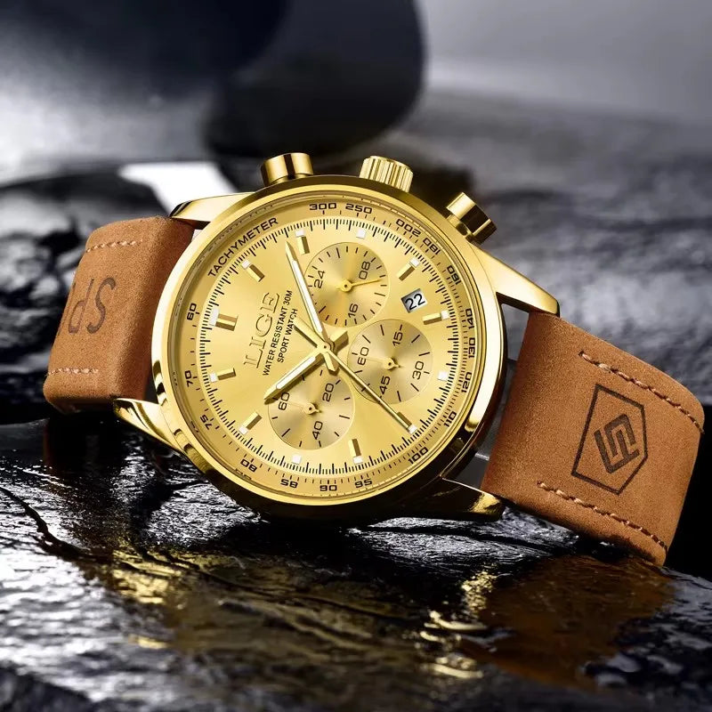 LIGE Fashion Business Mens Watches Genuine Leather Quartz Wristwatch Waterproof Chronograph Luminous Watch Man Male Clock+Box