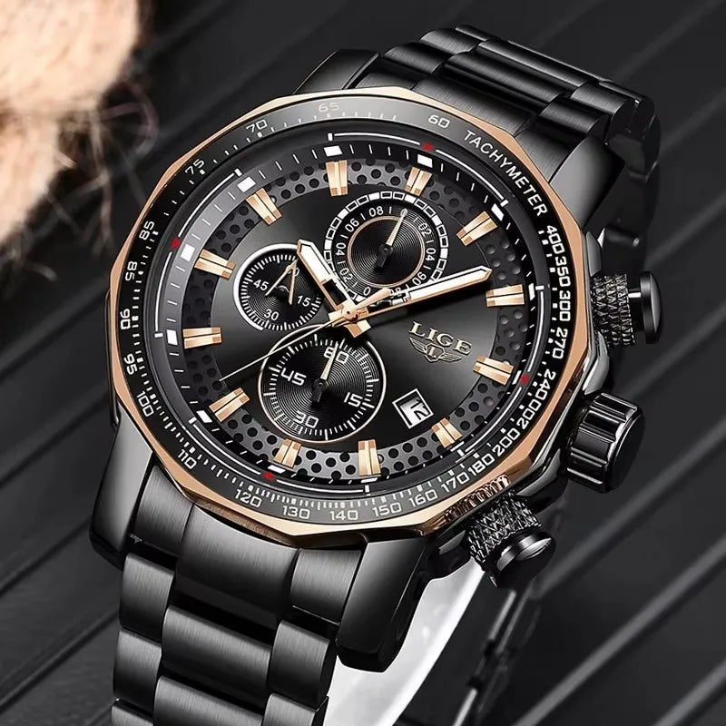 LIGE Big Dial Mens Watches Business Quartz WristWatch Chronograph Luminous Auto Date Watch for Men Man Relogio Masculino+Box