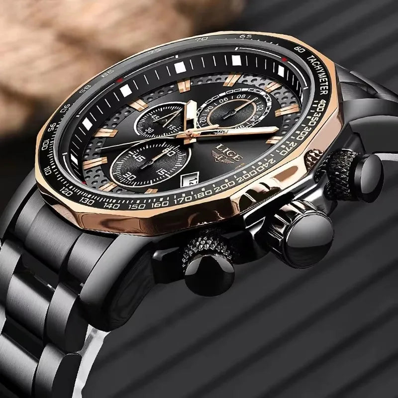 LIGE Big Dial Mens Watches Business Quartz WristWatch Chronograph Luminous Auto Date Watch for Men Man Relogio Masculino+Box
